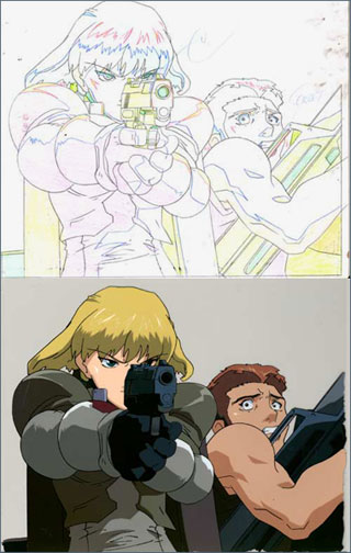 An animation drawing and painted cel from Blue Gender. 