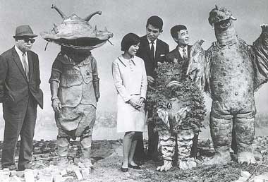 Eiji Tsuburaya hanging out on the set with a few monster friends. 