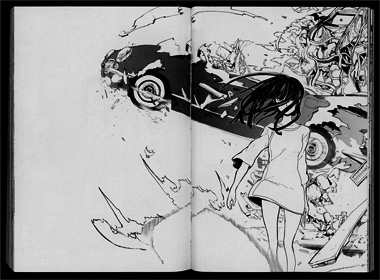 A double page spread from the Mardock Scramble manga